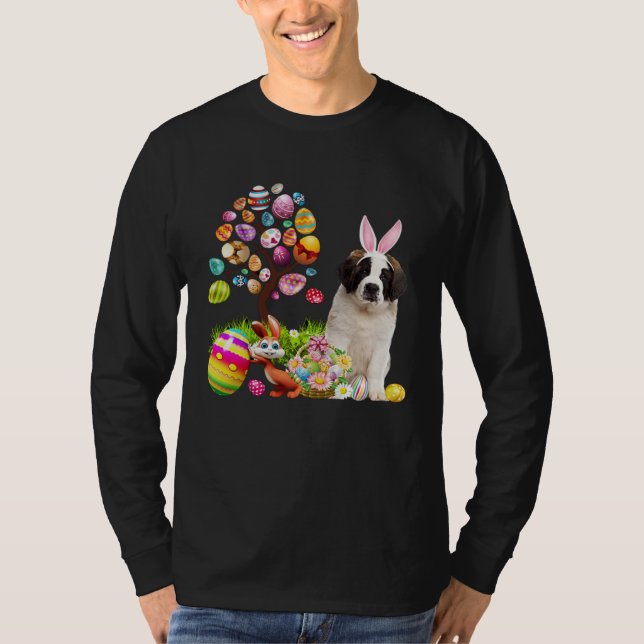 Easter Bunny Saint Bernard Dog Ear Tree Egg Basket T Shirt (Framsida)