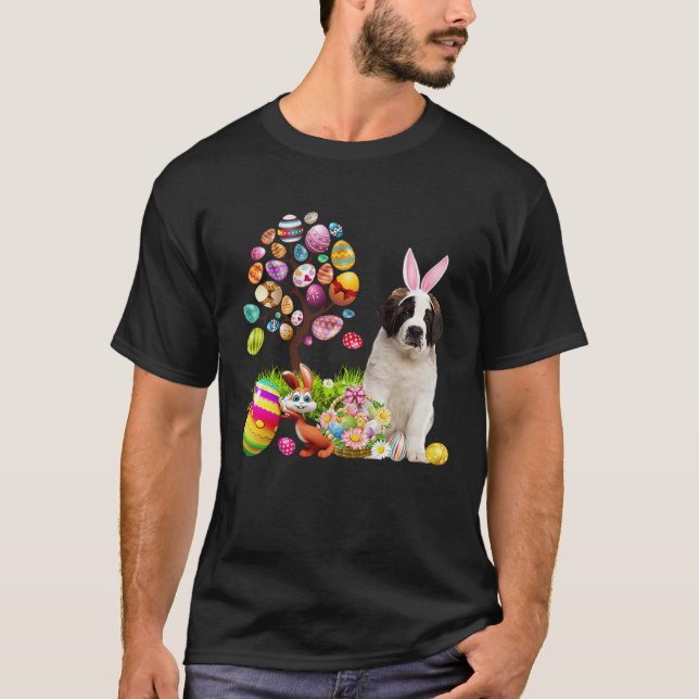 Easter Bunny Saint Bernard Dog Ear Tree Egg Basket T Shirt (Framsida)