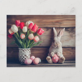 Easter bunny seated beside colorful eggs and tulip vykort