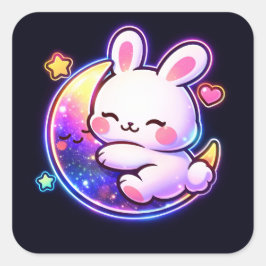 Easter Bunny Sleeping on Galaxy Moon Neon Sticker Fyrkantigt Klistermärke