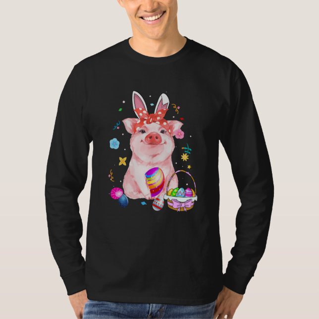 Easter Bunny Spring Pig bow Egg Hunting Basket col T Shirt (Framsida)