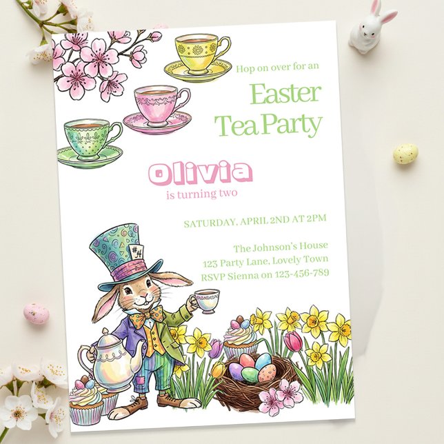 Easter Bunny Tea Party Any Age Kids Birthday  Inbjudningar (Kids Easter Garden Tea Party and Egg Hunt Invitation)