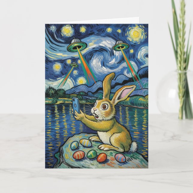 Easter Bunny UFO Selfie Starry Night Card Kort (Framsida)