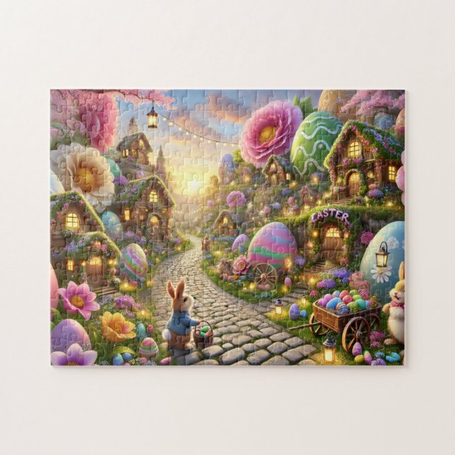 Easter Bunny Village Whimsical Spring Scene Pussel (Horisontell)