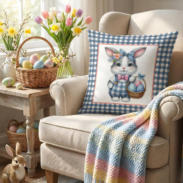 Easter Bunny with Basket of Eggs on Blue Gingham Kudde