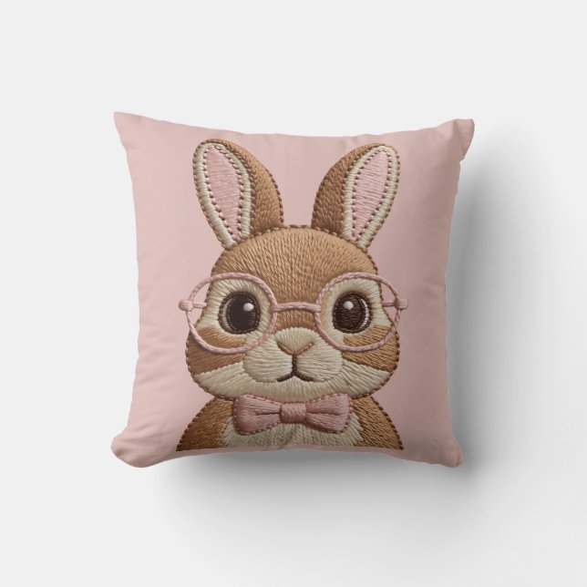 Easter Bunny with Glasses & Bow – Embroidered Look Kudde (Framsida)
