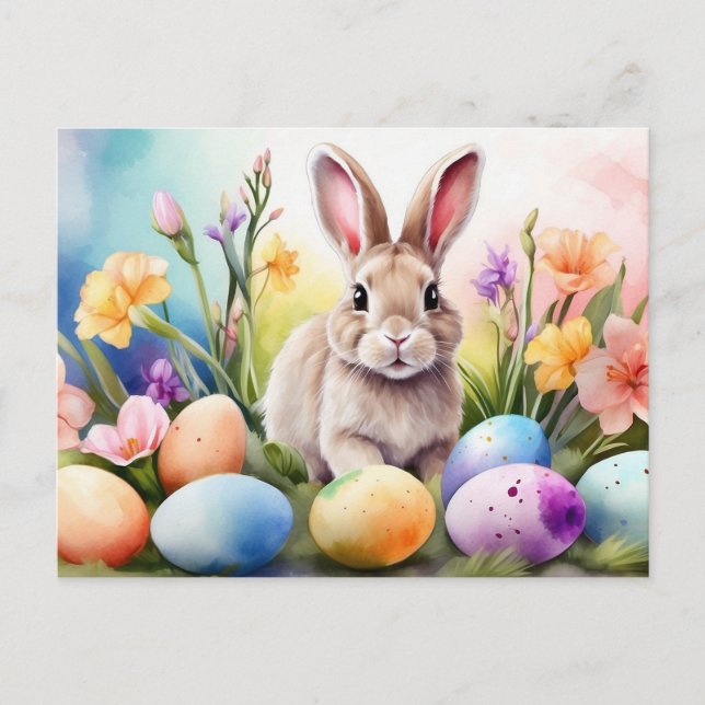 Easter Bunny with Spring Flowers, Painted Eggs Helg Vykort (Framsida)