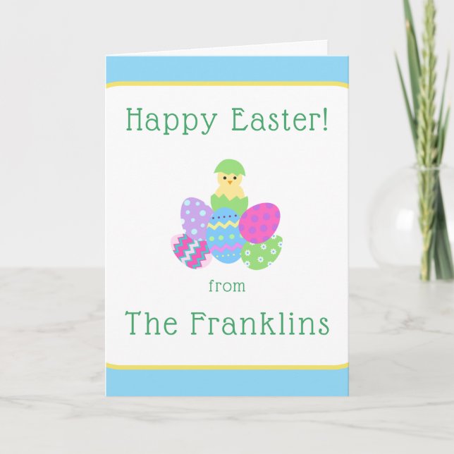 EASTER Chick Eggs and Bright Blue Greeting NAME Anteckningskort (Framsida)
