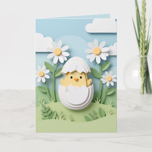 Easter Chick Papercraft Daisy Flowers Spring Helgkort (Framsida)
