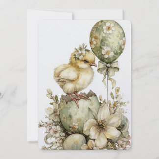 Easter Chick Spring Floral Watercolor Sage Green Julkort