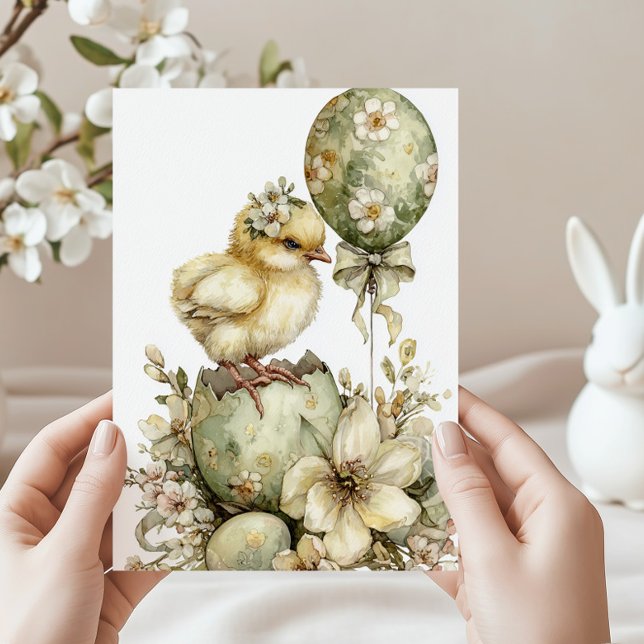 Easter Chick Spring Floral Watercolor Sage Green Julkort (Skapare uppladdad)