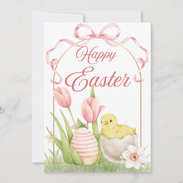 Easter Chick & Tulips Flat Holiday Card Julkort (Framsida)