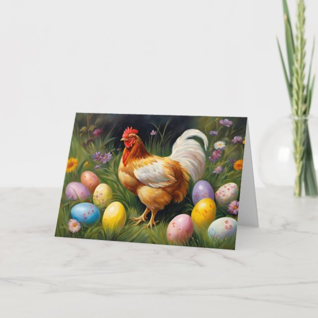 Easter Chicken in the Flower Garden & Easter Eggs  Helgkort (Framsida)