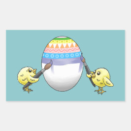Easter chicks paint the Easter egg Rektangulärt Klistermärke