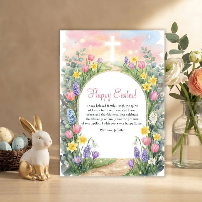Easter Christian Blessings Cross Spring Flowers Julkort (Happy Easter Christian Blessings Personalized Easter Card)