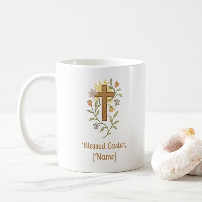Easter Cross with Flowers, Faith Mug, Customizable Kaffemugg (Med munk)
