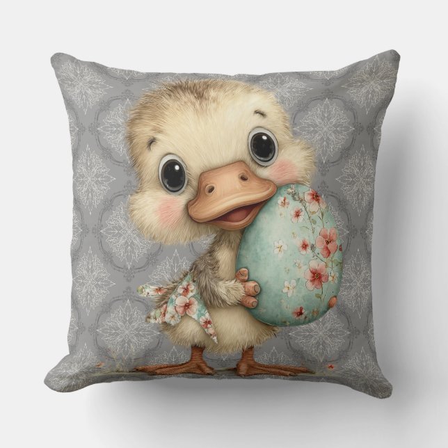 Easter Duckling Gray Damask Pattern Throw Pillow Kudde (Framsida)
