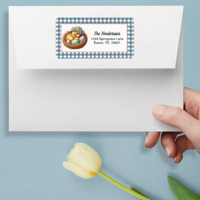 Easter Duckling with Eggs on Blue Gingham Plaid Adressetikett (Skapare uppladdad)