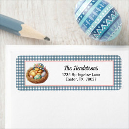 Easter Duckling with Eggs on Blue Gingham Plaid Returadress Etikett