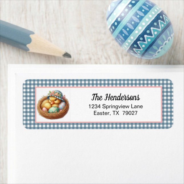 Easter Duckling with Eggs on Blue Gingham Plaid Returadress Etikett (Skapare uppladdad)