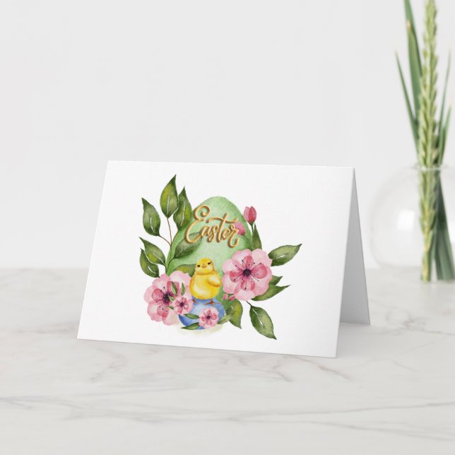 Easter Egg, Baby Chick, Pink Spring Flowers  Kort (Framsida)