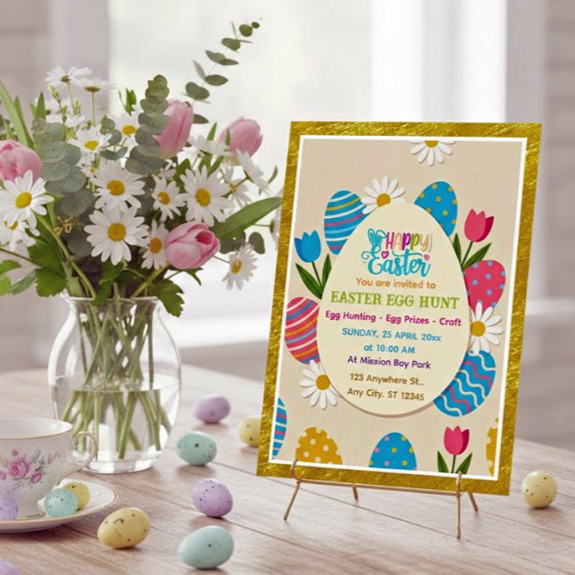 Easter Egg Hunt | Gold Frame Floral Holiday Inbjudningar (Skapare uppladdad)