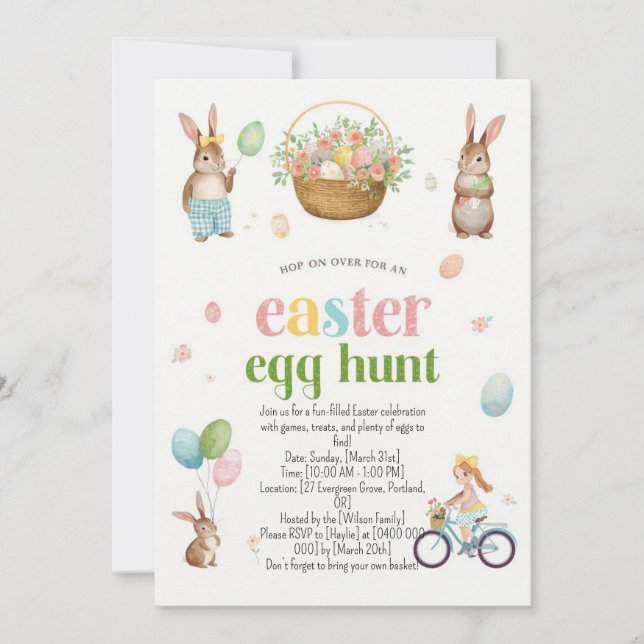 Easter Egg Hunt Invitation - Cute Bunny Watercolor Inbjudningar (Framsida)