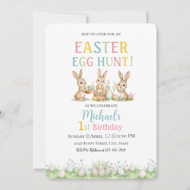 Easter Egg Hunt Michael's 1st Birthday Invitation Inbjudningar (Framsida)