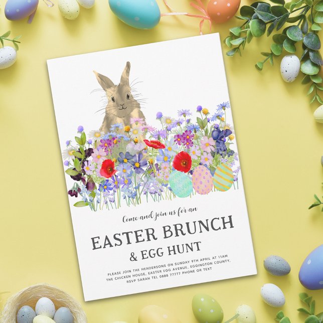 Easter Egg Hunt Spring Brunch Cute Bunny Floral Inbjudningar (Easter egg hunt spring brunch watercolor wildflower meadow cute bunny and eggs invitation)