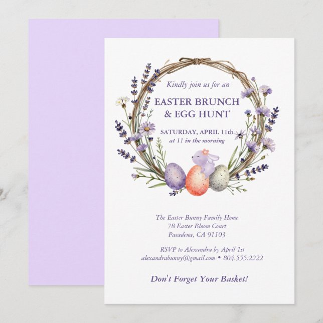 Easter Egg Hunt Watercolor Lavender Cute Bunny Inbjudningar (Fram/baksida)