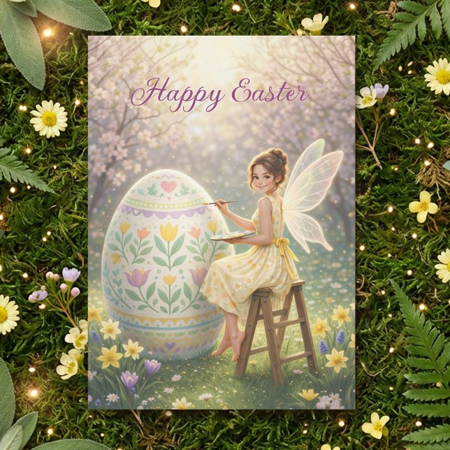 Easter Fairy Painting Egg Spring Julkort (Skapare uppladdad)