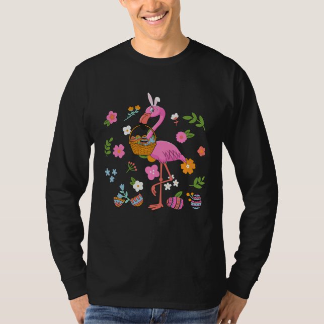 Easter Flamingo Easter Bunny Egg Basket  Easter T Shirt (Framsida)