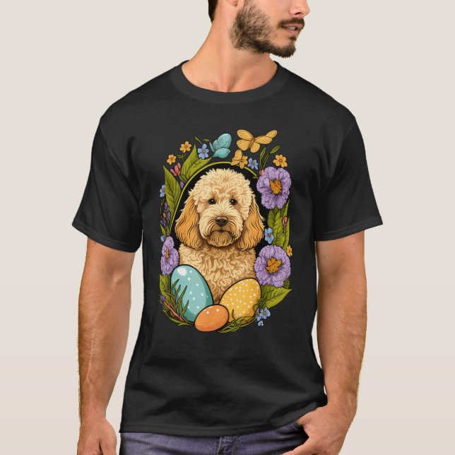 Easter Golden Doodle Bunny Eggs Dog on Easter Gold T Shirt (Framsida)