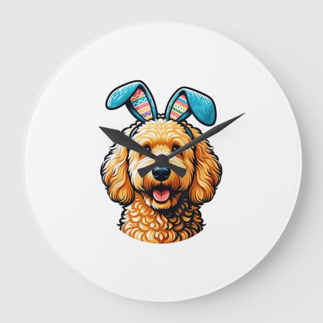 Easter Goldendoodle Dog Wearing Bunny Ears, Easter Stor Klocka (Framsida)