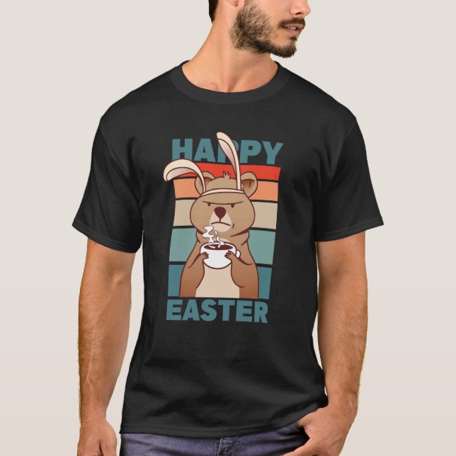 Easter Grumpy Bear with Rabbit Ear drinks Coffee T Shirt (Framsida)