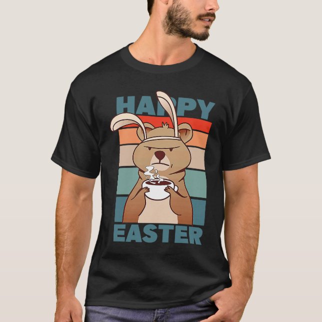 Easter Grumpy Bear with Rabbit Ear drinks Coffee T Shirt (Framsida)