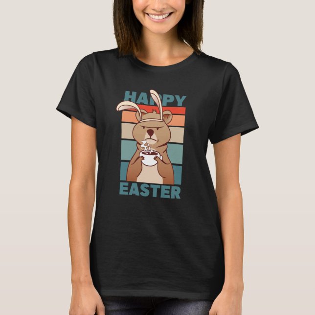 Easter Grumpy Bear with Rabbit Ear drinks Coffee T Shirt (Framsida)