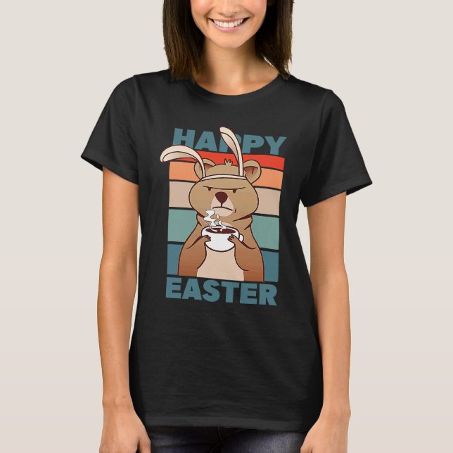 Easter Grumpy Bear with Rabbit Ear drinks Coffee T Shirt (Framsida)