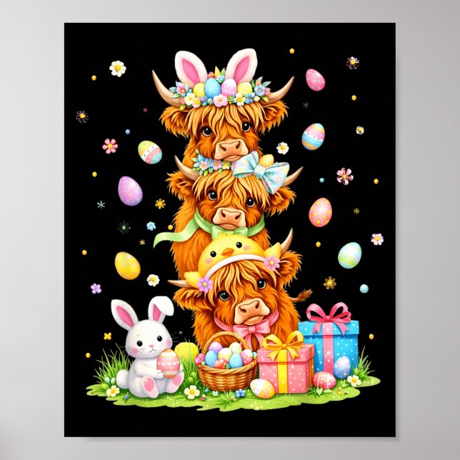 Easter highland cows coquette bow bunny eggs easte poster (Framsidan)