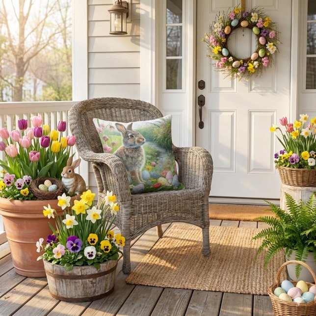 Easter Holiday Rabbit Nature  Kudde (spring season porch or patio outdoor pillow. )