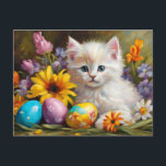 Easter Kitten with Flowers and Painted Eggs  Helg Vykort<br><div class="desc">Easter illustration with cute white kitten and spring flowers</div>