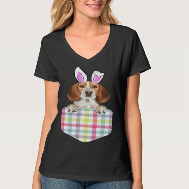 Easter Plaid Beagle Bunny Dog In Pocket T Shirt (Framsida)