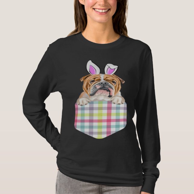 Easter Plaid Bulldog Bunny Dog In Pocket T Shirt (Framsida)