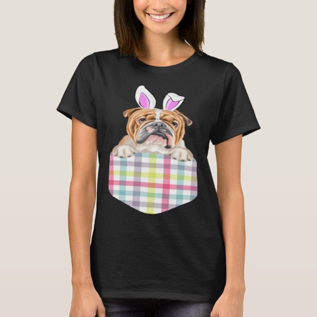 Easter Plaid Bulldog Bunny Dog In Pocket T Shirt (Framsida)