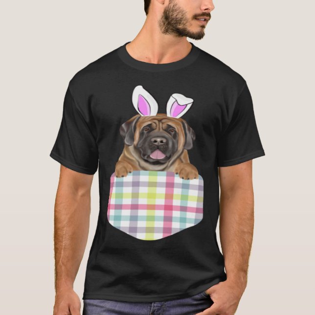 Easter Plaid Mastiff Bunny Dog In Pocket T Shirt (Framsida)