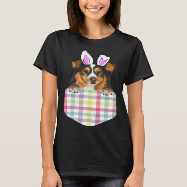 Easter Plaid Shetland Sheepdog Bunny Dog In Pocket T Shirt (Framsida)