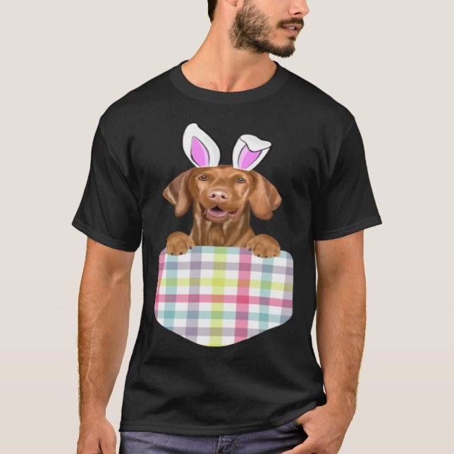Easter Plaid Vizsla Bunny Dog In Pocket T Shirt (Framsida)