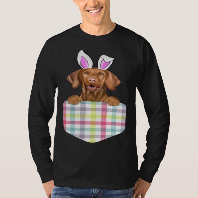 Easter Plaid Vizsla Bunny Dog In Pocket T Shirt (Framsida)