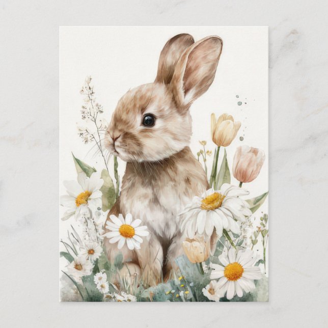 Easter Postcard with Flowers and Easter Bunny Vykort (Framsida)