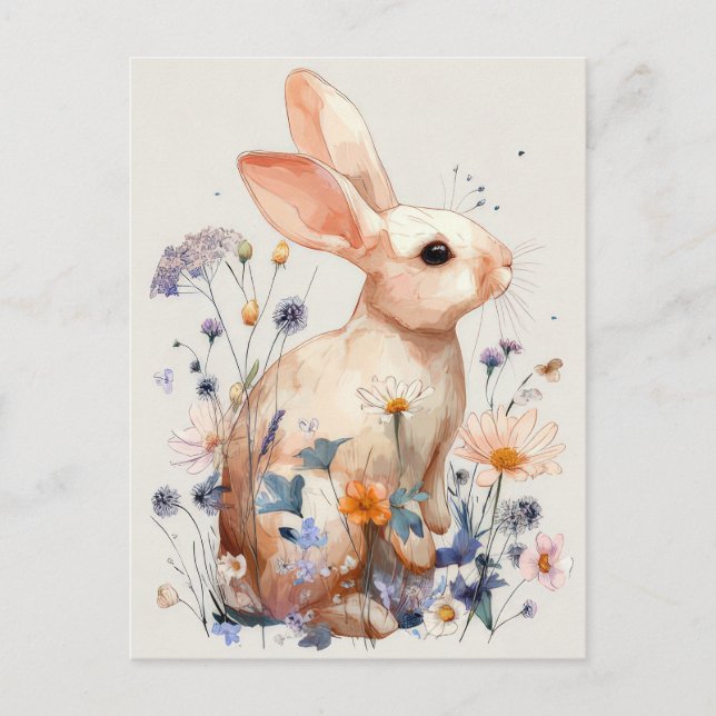 Easter Postcard with Flowers and Easter Bunny Vykort (Framsida)